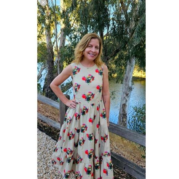 ADAM LIPPES COLLECTIVE Khaki Crewneck Hourglass Tiered Poplin Maxi Dress Size 2 - Picture 1 of 13